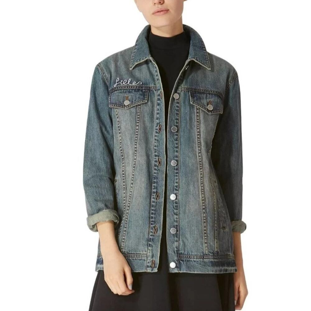 Anthropologie Avec Les Filles Follow Me Embroidered Denim Jacket Women XS Blue